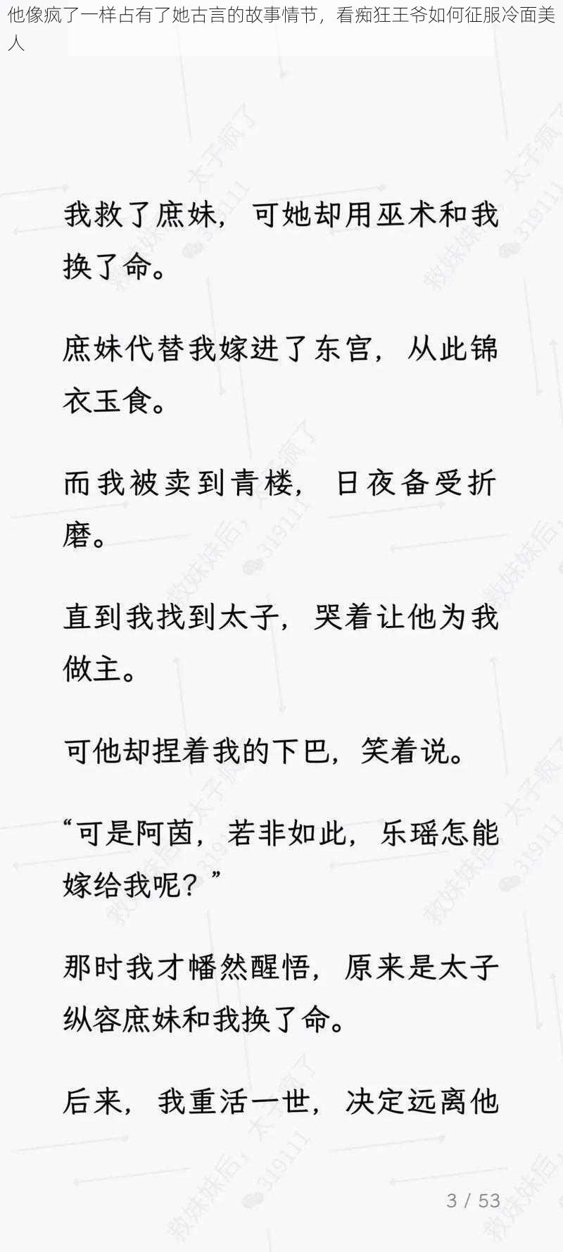 他像疯了一样占有了她古言的故事情节，看痴狂王爷如何征服冷面美人